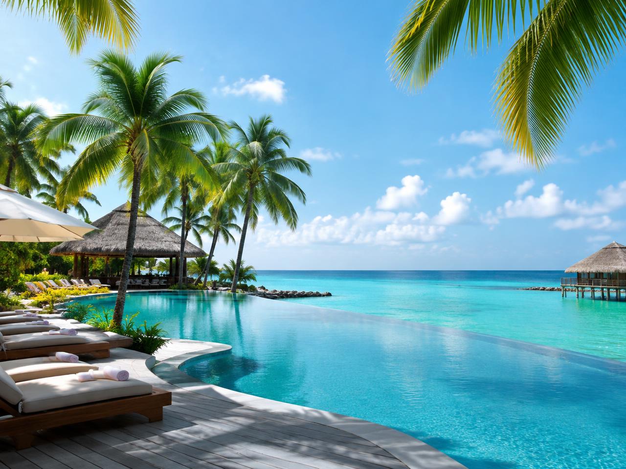 An infinity pool lined with palm trees overlooking a turquoise sea