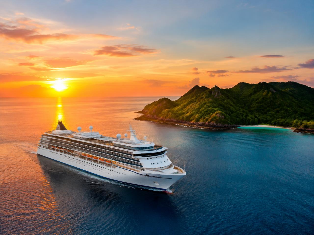 A cruise ship sailing past a green tropical island at sunset