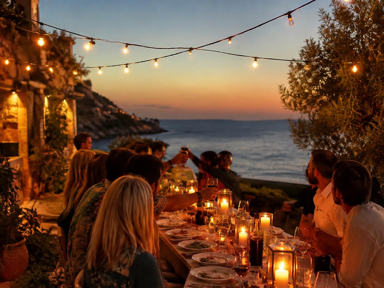 Friends raising glasses at a candlelit seaside dinner at dusk